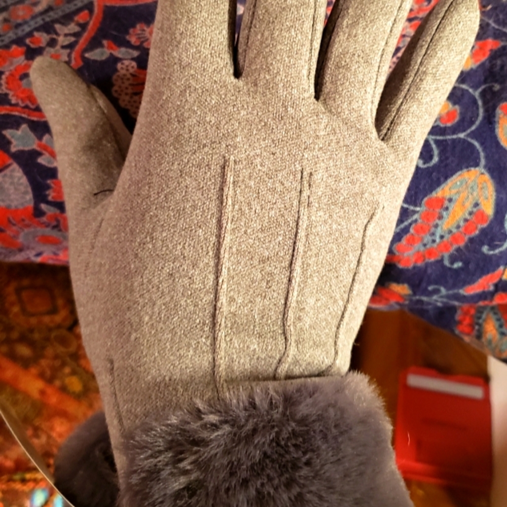 Beige, Fleece smart phone friendly, socialite gloves with faux fur cuff- SO SOFT